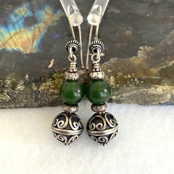 Sterling Silver 925 Round Beaded Nephrite Oxidized Scrollwork Dangle Earrings - Picture 2 of 16